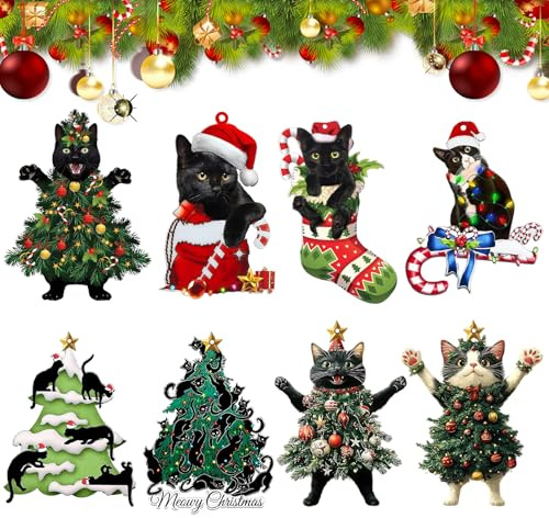 8 Stück Weihnachtsdeko Katze Holzanhänger Weihnachten Weihnachtsbaum Katzen Anhänger Christbaumschmuck Holz Anhänger Weihnachten Hängeanhänger für Weihnachtlicher Christbaum Hängedeko