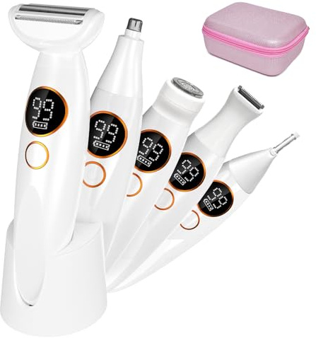 Rasoio elettrico da donna 5 in 1 rasoio intimo per donna con stazione di ricarica USB, IPX7 impermeabile rasoio elettrico per zona intima, corpo, sopracciglia, naso