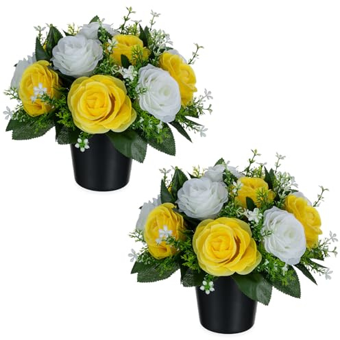 BLOSMON Artificial Grave Flowers Pots: 2 Pcs Yellow White Roses Artificial Flowers for Graves Silk Cemetery Ornaments Outdoor Decorations - Fake Funeral Memorial Arrangements for Graveside