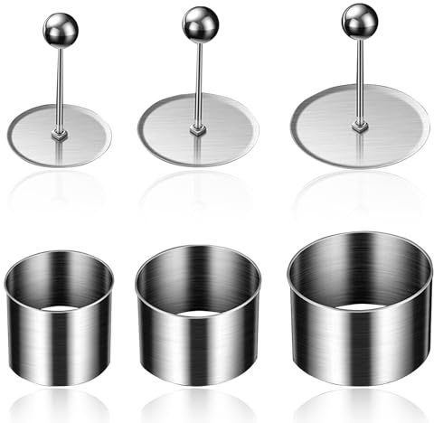 Joyeee Cake Ring Mold, Stainless Steel Cake Cutter 3 Pcs Different Size Mousse Molds with Pusher, Baking Tools for Pancake Pastry Dessert, Includes 3 Round Rings, 1 Pusher