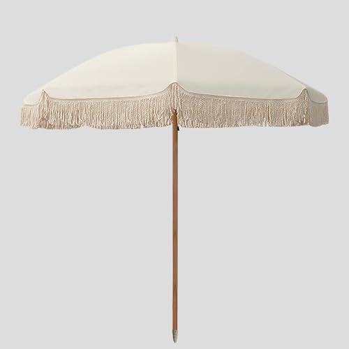 Générique Parasol De Jardin Rétro À Franges Ø180 Cm Parasols À Franges Beige Parasol De Plage Et De Patio Mât en Bois Massif Protection UV sans Base