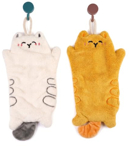 FerraDrend 2 Stück Niedliche Katzen Handtücher, Kinder Hand Handtuch | Absorbierende Küchenhandtücher, Hängendes Handtuch, für Küchen und Badezimmer