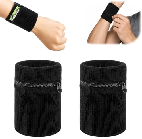 Lot de 2 Bracelet Sport avec Poche Zippée, Bandeau Poignet Sport Absorbant, Bracelet Eponge et Strap Poignet Élastique pour Tennis, Running, Fitness, Gym, Basketball et Vélo