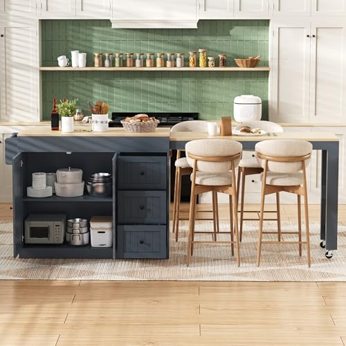 Merax Ausziehbarer Bartisch mit Arbeitsplatte, Kücheninsel Freistehend mit Rollen, 3 Schubladen, Schrank und Gewürzregal, Kücheninsel für Küche, Esszimmer, 186,8x45x93cm, 186,8x45x93cm, Grau