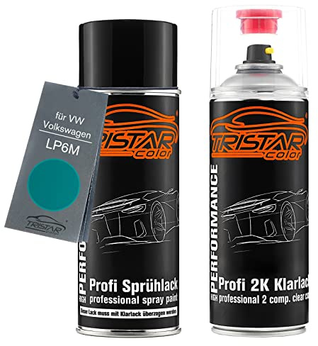 TRISTARcolor Autolack Spraydose für VW/Volkswagen LP6M Karibikgrün +2K | Caribbean Green, Set aus Basislack + 2K Klarlack, Sprühdosen 400ml