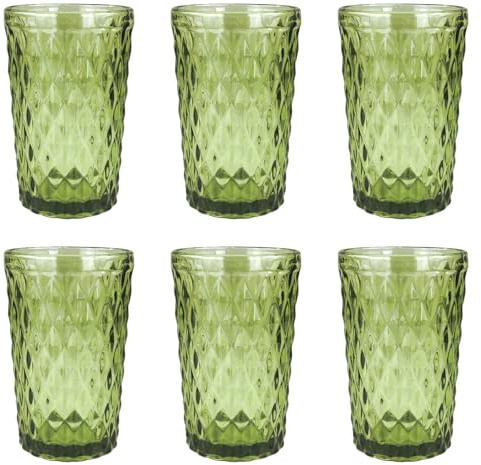 Vintage 6er-Set Farbige Weingläser und Trinkgläser mit Diamant Muster (Netz Grün Trinkglas), Longdrinkgläser, Cocktail Gläser mit Prägung, Glas, Trinkglas, Weinglas, Wasserglas, Glaskelche
