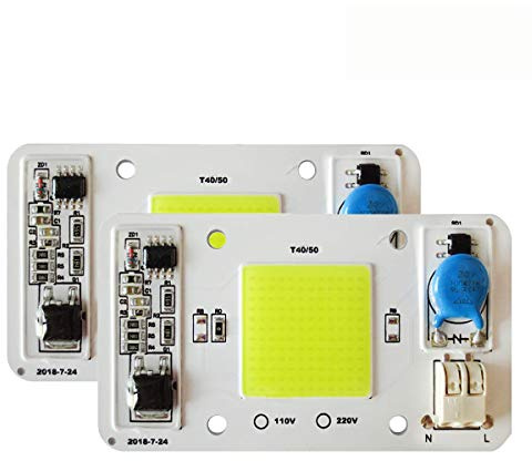 Tesfish 2PCS 50W LED Chip Blanco 6000K 220V COB Motor Ligero Sin soldaduras Controlador IC Inteligente Integrado para Luz de Inundación LED, Luz de Techo