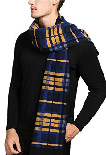 Prettystern Herren Schal aus 100% Seide – Warm wie Wolle, weich und leicht Seidenschal mit Fleece-Effekt für Herbst und Winter Blau Gelb NQ06