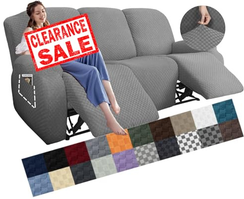 YEMYHOM 8 Pieces Stretch Recliner Sofa Cover Latest Jacquard Reclining Couch Cover with Side Pocket Anti-Slip Fitted 3 Cushion Furniture Slipcovers with Elastic Bottom (Sofa Recliner, Light Gray)