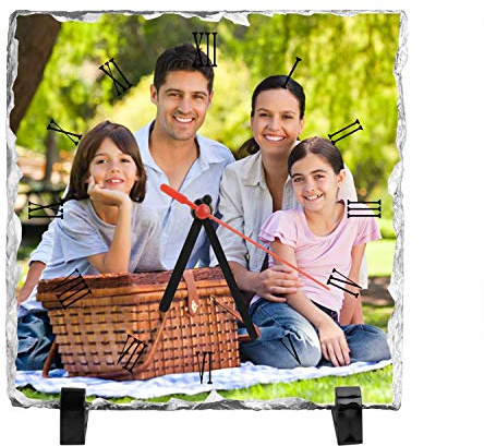 Cadre Photo avec Horloge Personnalisé avec Votre Photo Image, DIY Horloge à Photo et Cadre Photo en Pierre Personnalisé Plaque de Support Photo, Cadeau Noël/Anniversaire pour Famille, 20*20*0.9CM