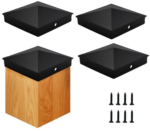Azdele 4x4 Heavy Duty Aluminum Pyramid Post Caps Cover for 4x4 Nominal Wood Post(True 3.5 x 3.5), with Matte Finish Powder Coated Surface, for Fence Wood Post of Decks or Corridors Black 4 Pack