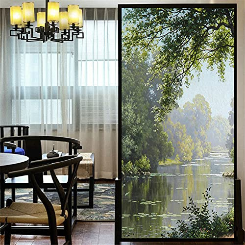 LXDWEI Dekorative Fensterfolie Sichtschutz Waldbach-Landschaft Ölgemälde statisch haftende Fensteraufkleber kein Kleber mattierte Fensterverkleidungen Fenstertönung 100x120 cm