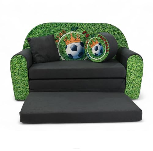 FORTISLINE Kindersofa XXL 2-Sitzer ausklappbar - Kindercouch mit Hocker und Kissen, Kinderzimmer Sofa mit Liegefläche bis 160 cm, Oeko-TEX, hergestellt in der EU, Fußballmotiv