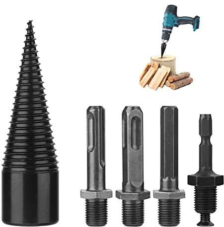 HONGXW Splitting Wood Cone Drill Bit, 4Pcs Heavy Duty Drill Screw Cone Driver Firewood Log Splitter Drill Bit Set Electric Wood Chopping Tool for Hand Drill Stick-hex+Square+Round (45mm), Black