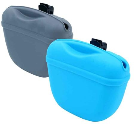 Hsthe Sea Futterbeutel 2-er Set für Hunde aus lebensmittelechtem Silikon, 12.5x4x10.5 cm, Leckerlitasche mit Magnetverschluss & Befestigungsclip, wasserabweisendes und weiches Material, grau & blau