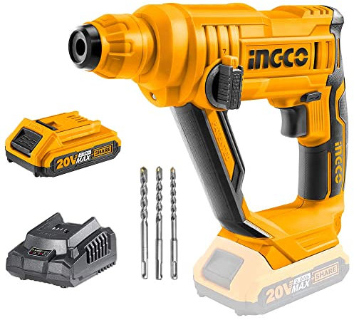 Martillo Perforador Inalámbrica INGCO 20V 2.0 Ah Batería Professional con 3 brocas SDS-Plus, 1.5J Φ13 máxi en hormigón, 2 en 1 rotación, luz LED