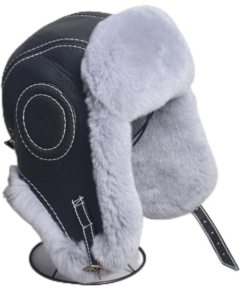 DEPAJA Russische Mütze Winter Herren Bombermütze Uschanka Mütze Trapper Russe Skimützen Mützen Leder,Hellgrau,59-60Cm