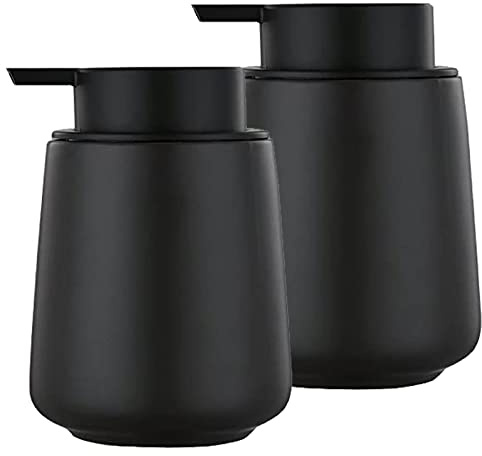 12Oz Black Soap Dispenser Set - Ceramic Lotion Hand Soap Dispenser Set with Easy-to-Press Black Pump, Refillable Mordern Liquid Dish Soap Dispensers for Bathroom & Kitchen, 2 Pack