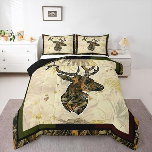 Erosebridal Hunting Deer Bedding Sets King Woodland Camo Antler Down Comforter Western Rustic Farmhouse Style Comforter Set for Cabin Lodge,Nature Conifer Oak Branch Quilt Duvet with 2 Pillow Cases