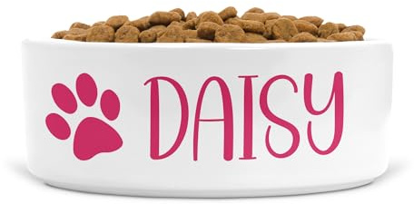 Personalised Ceramic Dog Bowl Paw Print - Ideal for Food & Water Bowls Size Small-Medium Dogs (Raspberry print, Text Style HA)