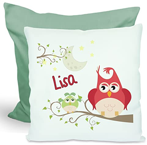 CreaDesign, Kinder Kissen 40x40 cm personalisiert mit Namen, Kinderzimmer Deko Kissen Kinder mit Füllung Federn, Motiv Eule, Rückenfarbe Grün