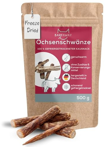 BARFAWAY Ochsenschwänze, gefriergetrockneter Langer Kausnack für Hunde, 100% natürlich ohne Zusätze, Deutsche Herstellung, geruchsneutral, 500 g