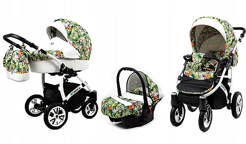 BabyLux® Kinderwagen Set 3 in 1 - Tropical - incl. Babywanne, Buggy Sportsitz, Auto-Babyschale - Autositz - Kinderwagenset - Kombikinderwagen mit Wickeltasche, Regenschutz usw.
