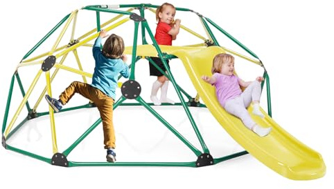 GYMAX Dome Climber with Slide, 2 in 1 Kids Climbing Set, Convenient Grip, Outdoor Indoor Children Climbing Frame for 3-12 Years Old Boys Girls (Green+Yellow)