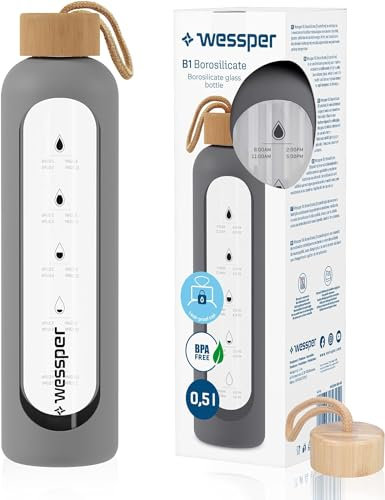 Wessper Borraccia in vetro con indicazione del tempo, a prova di perdite, in vetro borosilicato, senza BPA, con custodia in silicone, 500 ml, colore grigio