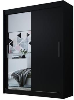 Easy4You D1 120 cm Schwarz Schiebetüren Kleiderschrank 120x200x58 cm mit Spiegel - Schlafzimmermöbel, Aufbewahrung - Mehrzweckschrank
