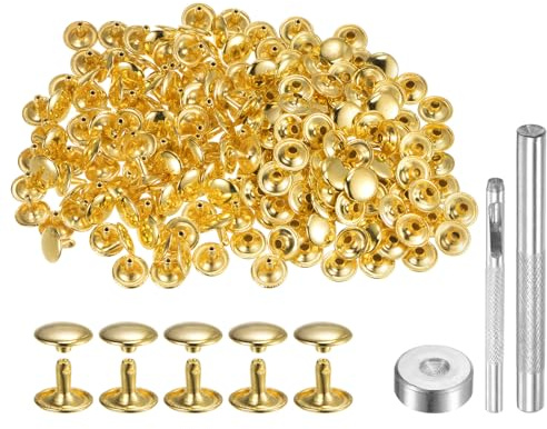 QUARKZMAN 100 Stück 10 x 12mm Leder Nieten, Runde Doppelkappe Tubular Metall Hohlnieten mit Werkzeugen, Zubehör Rücknieten für Lochzange Gürtel Dekoration Kleidung DIY Handwerk (Gold)