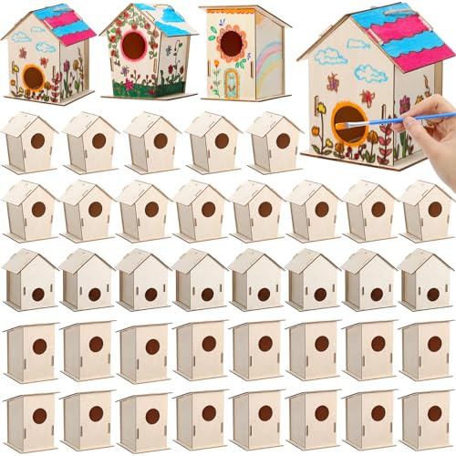 DoubleFill 48 Pcs Bulk Wooden Bird Houses Kits for Kids DIY Bird House Kit Unfinished Wood Birdhouse Wooden Crafts to Paint, Build, and DIY for Valentines Crafts Classroom Activity, 3 Styles