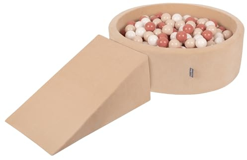 KiddyMoon Parque Terciopelo Infantil De Espuma con Rodondo Piscina De Bolas Piscina (200 Bolas) + Cuna para Niños, Beige De Arena: Beige Pastel/Salmón/Blanco