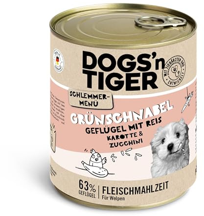 Dogs'n Tiger Grünschnabel Nassfutter Hund, Huhn, Reis & Gemüse, 6X 800g | Hundefutter nass, Junior, Welpen, hoher Fleischanteil, getreidefrei, ohne Zuckerzusatz, ohne Konservierungsstoffe