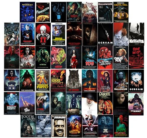 OsouYY 50PCS Vintage Classic Movie Posters Wall Collage Kit, Creepy Scary Horror Movie Decor Aesthetic Pictures, Horror Decor for Home Bedroom Living Wall Decor, 4×6 Inches