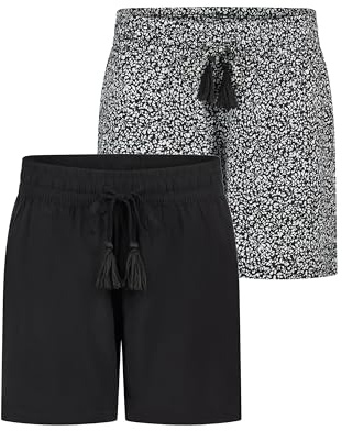 DENIMFY Kurze Hose Damen Sommer leichte Shorts mit Gummizug Regular Fit | DFLia 2er Pack Set Weite Bermuda 100% Viskose Beige Grün Schwarz Navy Blau S M L XL XXL