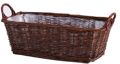 LONGERO Cache-pot en osier fabriqué à la main, cache-pot de fleurs, jardinière pour fenêtre, pot de plantes, saule naturel non pelé, marron naturel, long rectangulaire