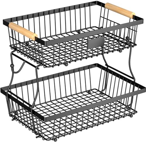 Astrorhine 2 Tier Fruit Basket for Kitchen Counter with 2 Banana Hangers, Countertop Metal Bread Basket with Wooden Handle, Large Storage Stand for Vegetables, Snacks, Eggs, Produce Storage – Black