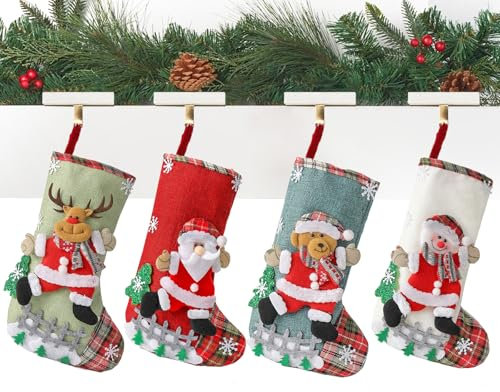 Nikolausstrumpf, Weihnachtsstrumpf 4er Set, Nikolausstiefel zum Befüllen, Weihnachtssocken Kamin zum Aufhängen, Nikolaus Stiefel, Weihnachtsdekoration für Kamin, Weihnachtsbaum, Wand, Treppe(B)