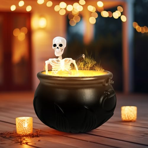 Halloween Deko Indoor – Hexenkessel mit Skelett & Nebelmaschine, Geister Halloween Dekorationen mit Nebel Diffusor für Tischdeko, Kamin, Schreibtisch, Mantel und Zuhause