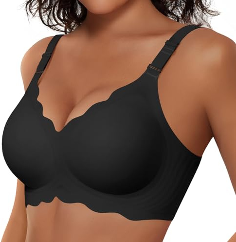 Vertvie Sömlösa bh:ar för kvinnor, ingen bygel, trådlös push-up-bh, stöd, full täckning, bralette, bekväm sport-bh för vardagsbruk, Svart, XXL