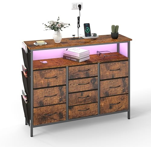 Xisilla Retro-Kommode mit zehn Schubladen und integrierter Steckdose, Kommode aus Vliesstoff mit Griffen, Schwarz kommoden & sideboards