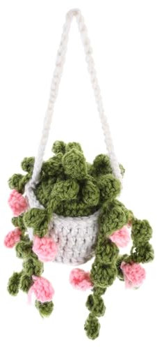 FOYTOKI Crochet Car Hanging Ornament White Basket Pink Flower Handmade Hanging Plant Basket for Car Interior Decoration