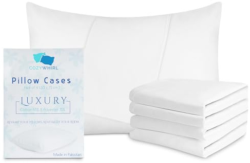 CozyWhirl White Pillow Cases 4 Pack Cotton 200 Thread Count - Hotel Quality Pillow Cases with Envelope Closure Design - Soft & Breathable Fabric Size 75 * 50 cm