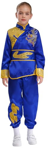 Kaerm Kinder Mädchen Kung Fu Anzug Pailletten Chinesischer Tang Hanfu Kampfsport Kleidung Set Traditionell Wing Chun Taichi Uniform Gr. 98-164 Blau 158-164