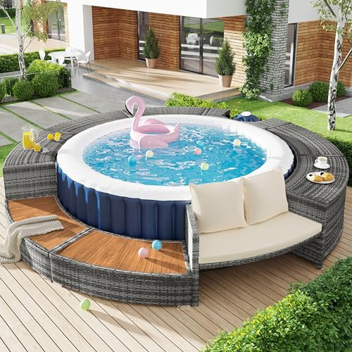 BENMWS Set lounge giardino con divano rotondo, set mobili per terrazza, per vasca idromassaggio e piscina, con piedini regolabili, cuscino incluso