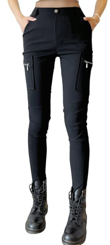 Nuofengkudu Slim Fit Pantalones Cargo Mujer Ajustado Elástica Cintura Alta Bolsillos Cremallera Trabajo Pantalón Pitillo Tipo Leggings Prácticos Jóvenes Trousers Y2K Moda Streetwear Gótico Negro XS