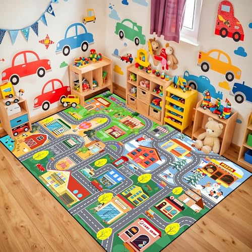 Jiospet Car Rug for Kids Playroom - Road Rug for Boys Room Kids Play Mat with Road Tracks Car Play Mat, 2.5x4 Feet