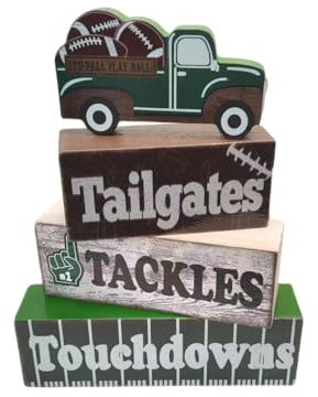 4pcs Football Themed Table Decoration Rugby Tiered Tray Decor Centerpiece Decorative Wood Signs Blocks Gift for Football Fans Holiday Tabletop Coffee Fireplace Shelf Desk Party Decor