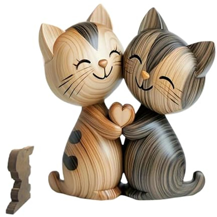 SIXHAOBU Holzskulptur Eines Katzenpaars, 2D Wooden Couple Cat Desk Decorations Katzen Deko Aus Naturholz Für Tisch BücherHaustierliebhaber Wohnzimmer Flur Geburtstag Weihnachten